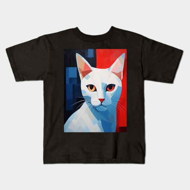 White Cubism Cat Kids T-Shirt by JunkyDotCom